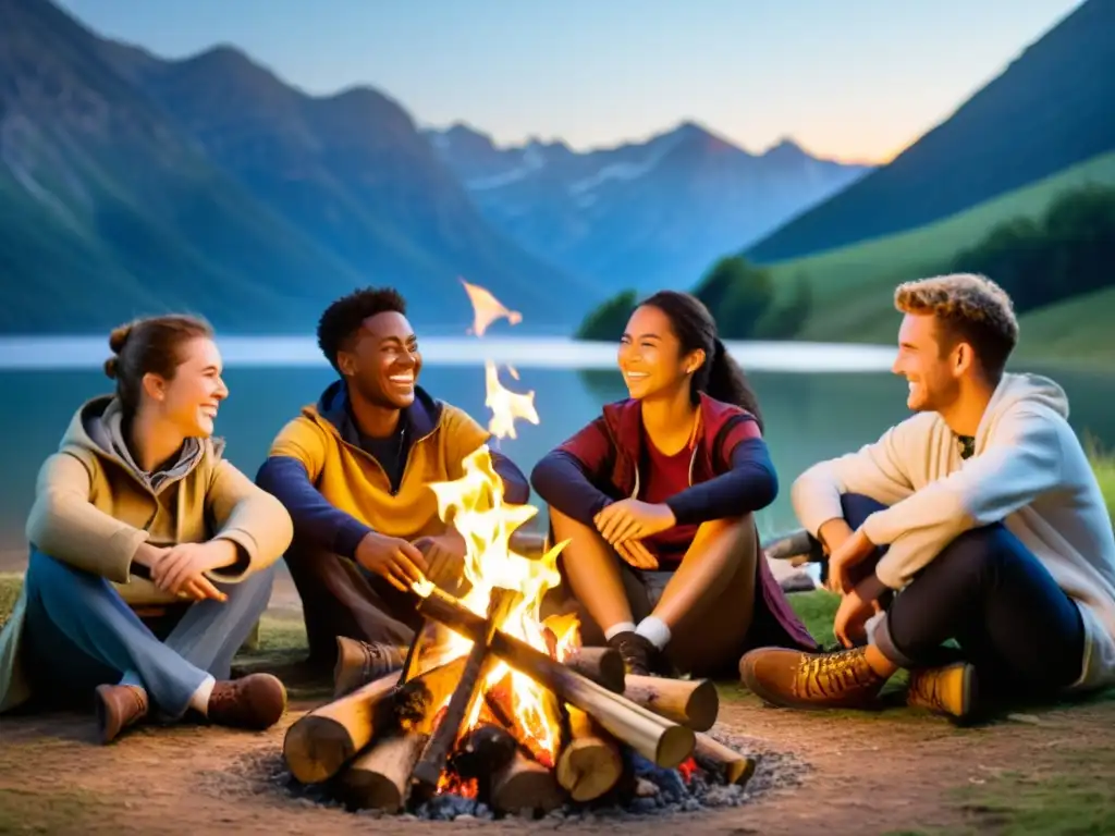 Jóvenes viajeros en un albergue juvenil cultural intercultural, compartiendo historias alrededor de la fogata en un ambiente inclusivo y amistoso