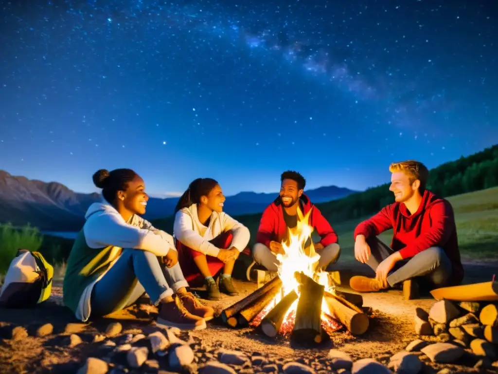 Jóvenes viajeros interculturales disfrutan de una noche estrellada alrededor de una fogata en un Albergue Juvenil Cultural, compartiendo historias y experiencias en un ambiente inclusivo y vibrante