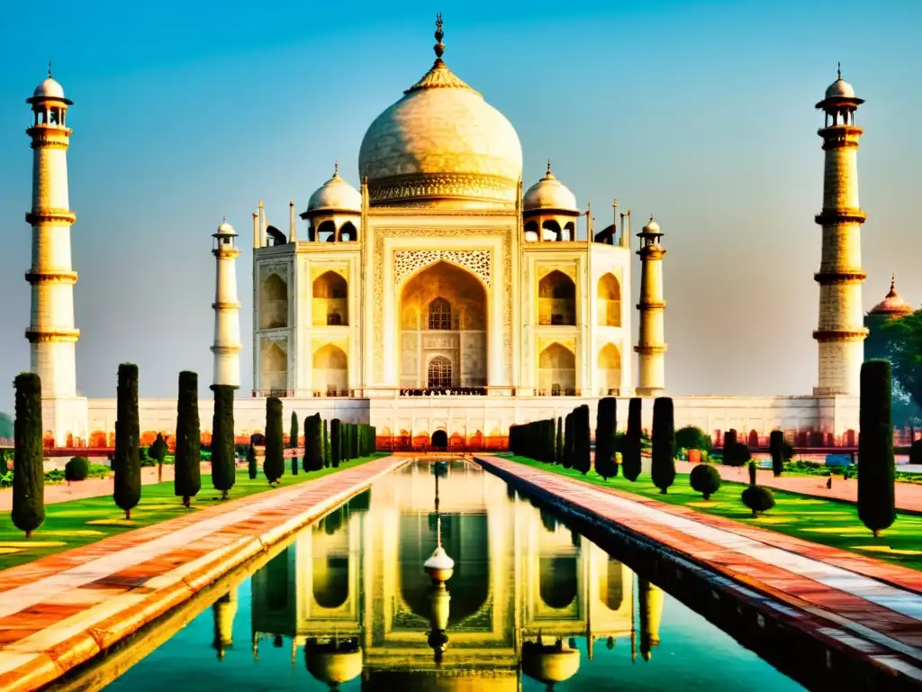 El Taj Mahal, joya del imperio Mughal, brilla al amanecer con detalles florales y geométricos en mármol blanco, reflejando su historia y leyendas