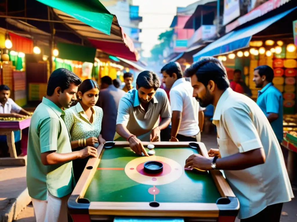 Juego de Carrom en India: Jugadores concentrados compiten en animado mercado con coloridos puestos callejeros