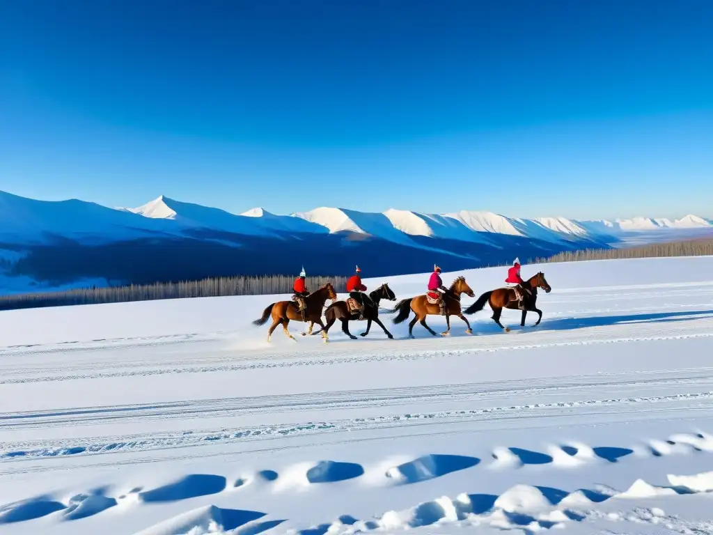 Juego del Kyz Kuu en Siberia: Dos jinetes galopan en la nieve, vistiendo ropas tradicionales, en un emocionante juego ecuestre