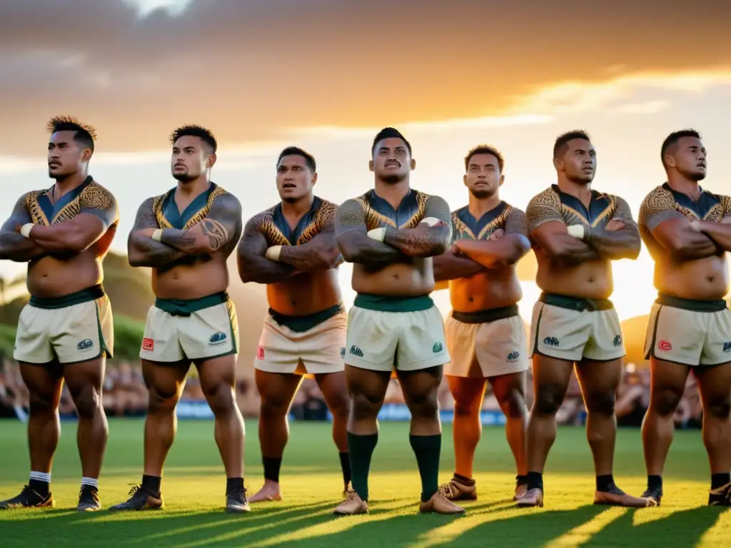 Jugadores de rugby polinesios realizan el baile tradicional haka al atardecer, demostrando la tradición cultural del rugby en Polinesia