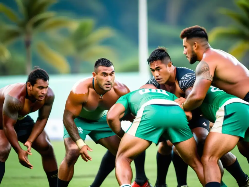 Jugadores de rugby polinesios en un intenso scrum en un campo verde, rodeados de palmeras y un océano cristalino