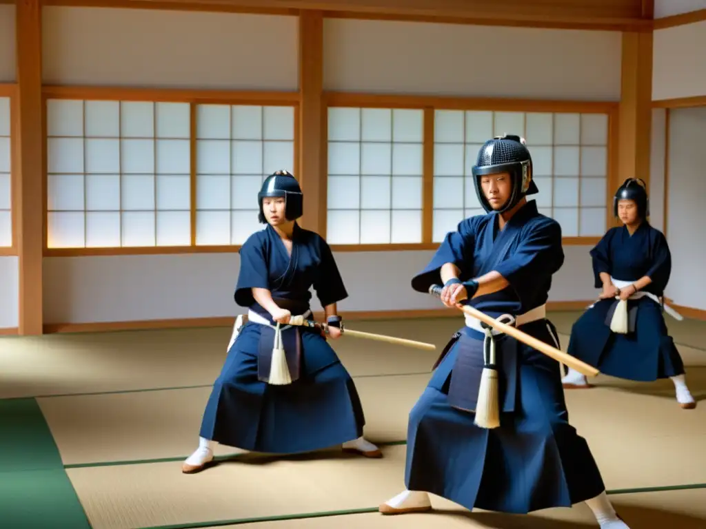 Práctica de Kendo en dojo moderno, con movimientos precisos y expresiones concentradas