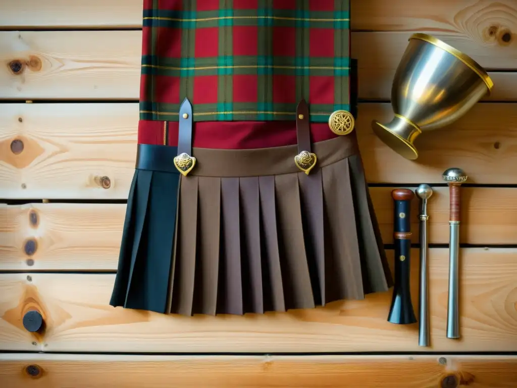 Un kilt escocés tradicional en vibrantes colores y accesorios celtas, resaltando la artesanía y la cultura