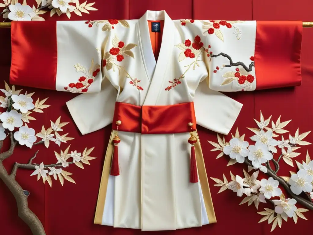 Un kimono de boda japonés tradicional ricamente bordado en rojo y blanco, con motivos de flores de cerezo y hilo dorado, sobre un tatami impecable