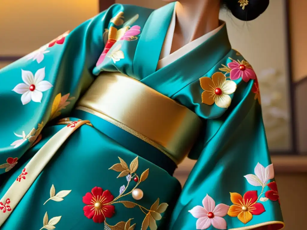 Un kimono japonés bellamente bordado con motivos florales y detalles dorados, simbolizando la elegancia y significado cultural