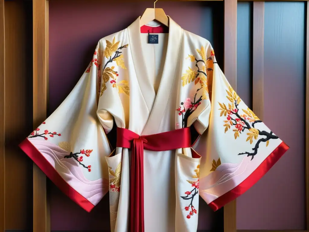 Un kimono japonés ricamente bordado con motivos de cerezo y grullas, capturando la belleza de la naturaleza