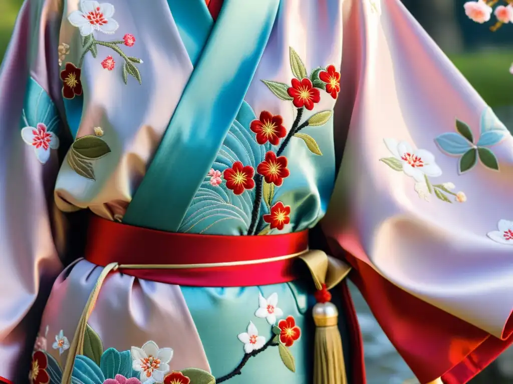 Un kimono japonés tradicional con bordados intrincados y colores vibrantes