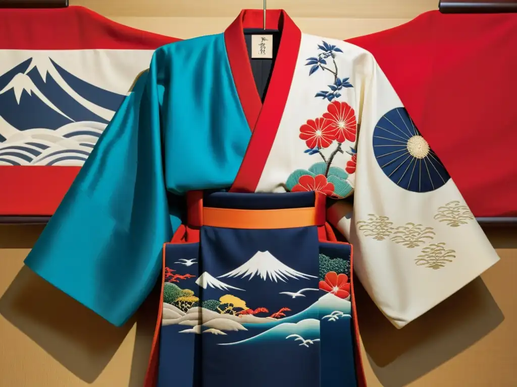 Un kimono japonés tradicional exhibido en un museo, con intrincados bordados y colores vibrantes