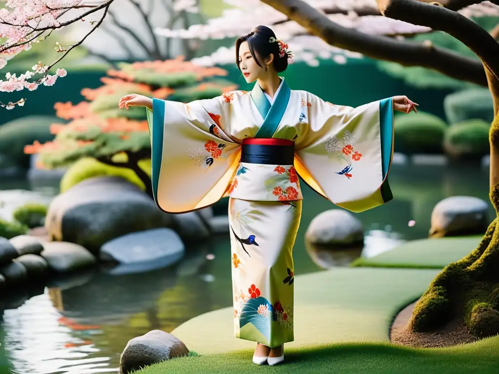 Un kimono japonés tradicional exhibido en un apacible jardín japonés, destacando el significado del kimono en Japón