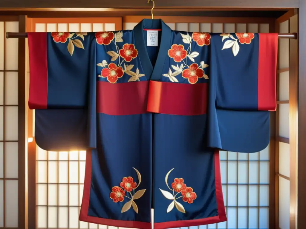 Un kimono de seda bordado con colores vibrantes y patrones florales, bañado por una suave luz natural