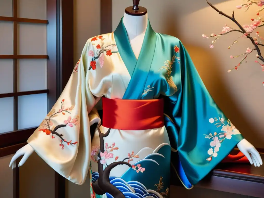 Un kimono de seda bordado con colores vibrantes y patrones japoneses como sakuras y grullas