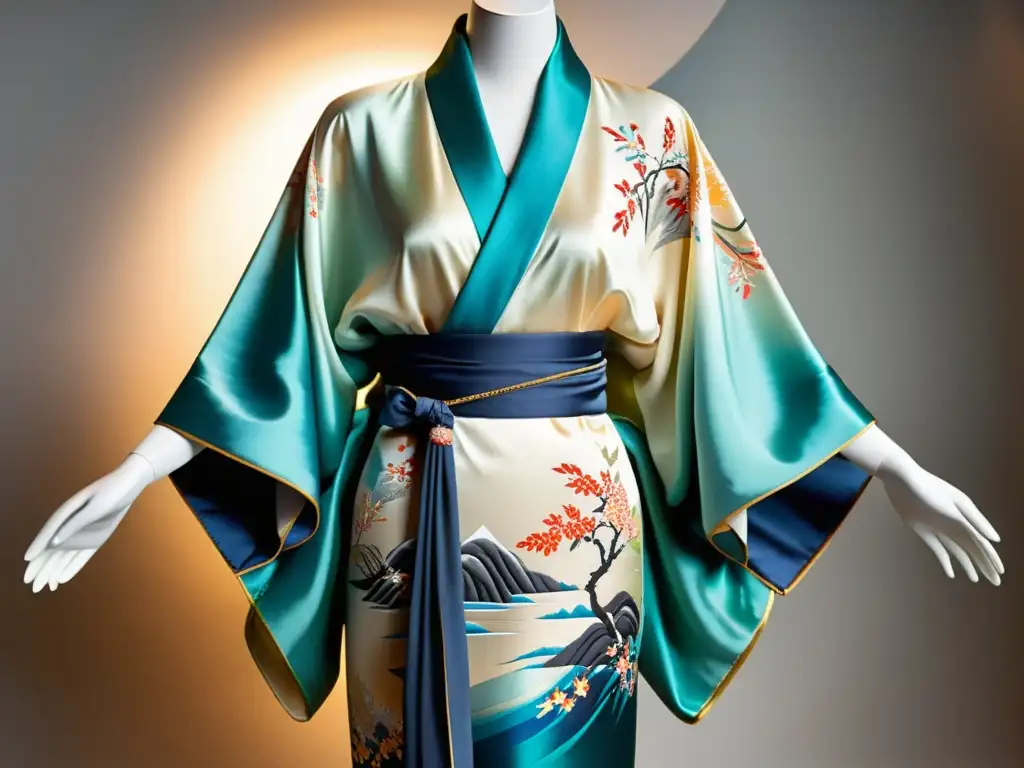 Un kimono de seda pintado a mano exhibe motivos japoneses tradicionales como cerezos en flor y grullas