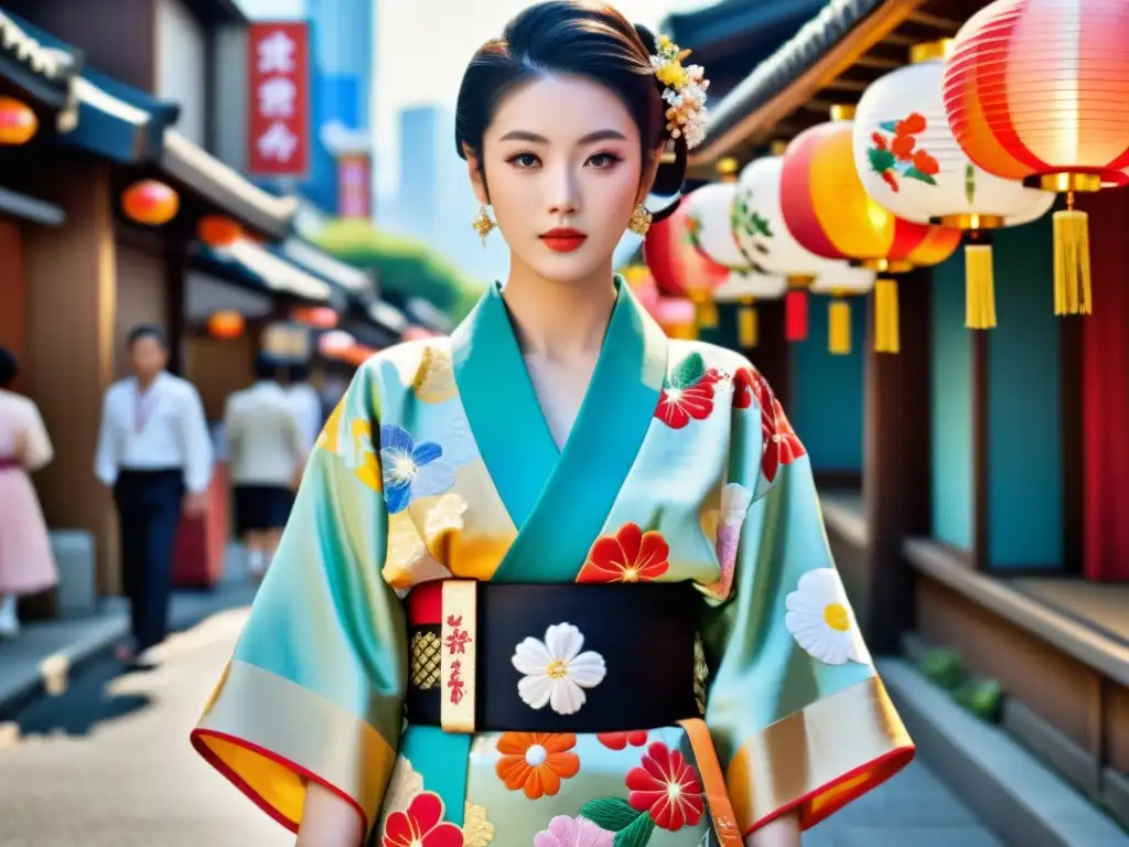 Un kimono tradicional japonés con bordados florales exhibido en un maniquí, contrastando con el bullicio de una calle de Tokio durante un festival