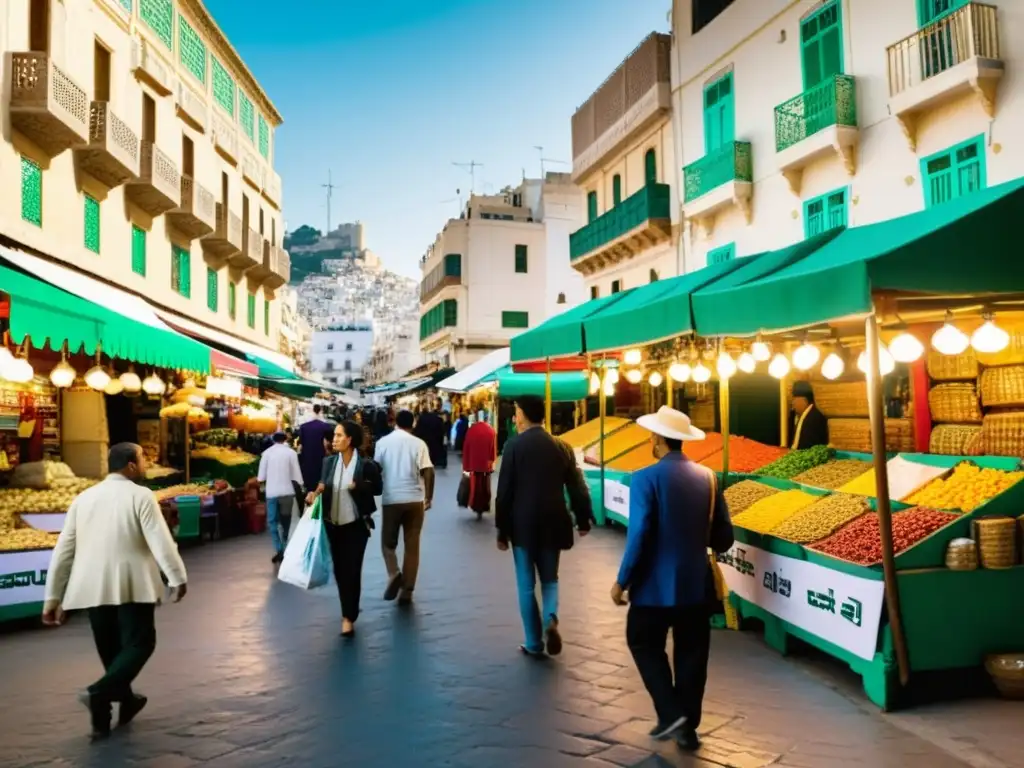 Intersección de lenguas en el Magreb: Calle bulliciosa en Argel, Argelia, con puestos de mercado vibrantes y letreros coloridos en francés y árabe