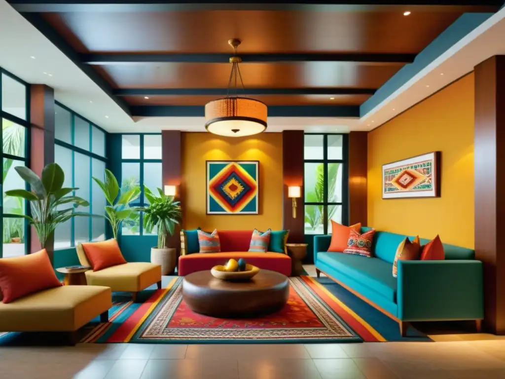 Un lobby de hotel temático con arte indígena, textiles y artesanías locales