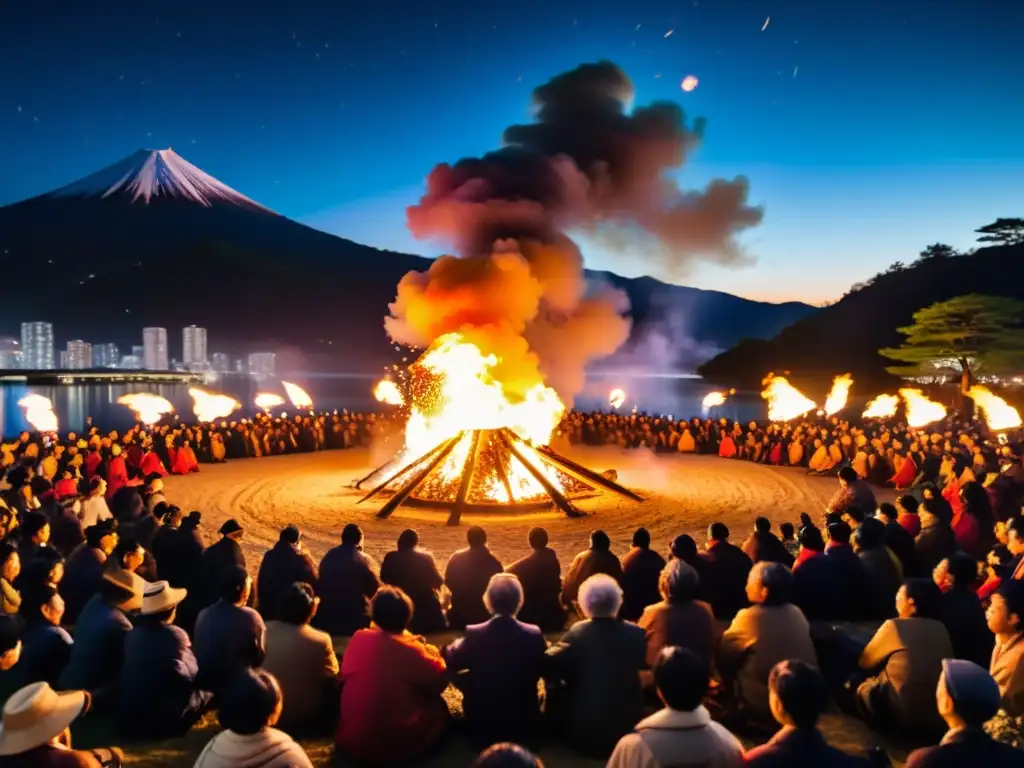 Locales participando en un deslumbrante festival de fuego en Japón, vistiendo trajes tradicionales y bailando alrededor de una fogata