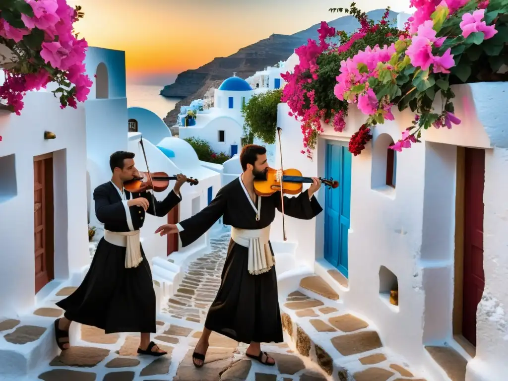 Locales en trajes griegos tradicionales bailando en una animada celebración de tradiciones en las Islas Griegas, con pueblos blancos y bougainvillea vibrante