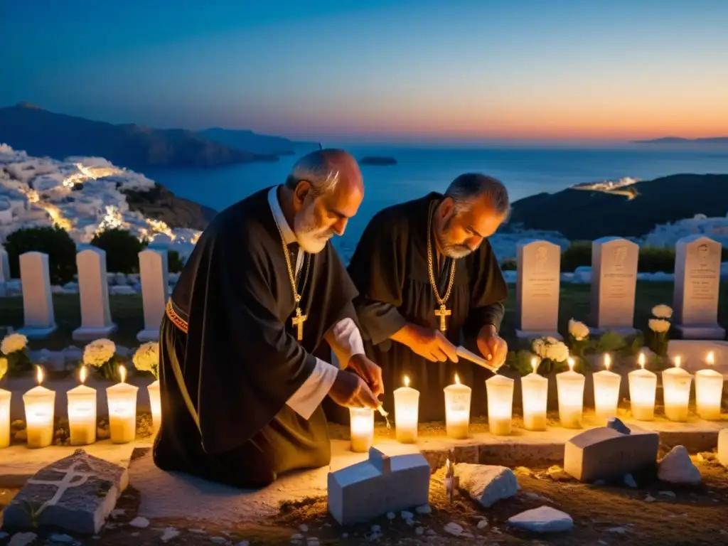 Locales en trajes tradicionales griegos encienden velas en tumbas durante el Sábado de las Almas en Grecia, creando una atmósfera serena y reverente