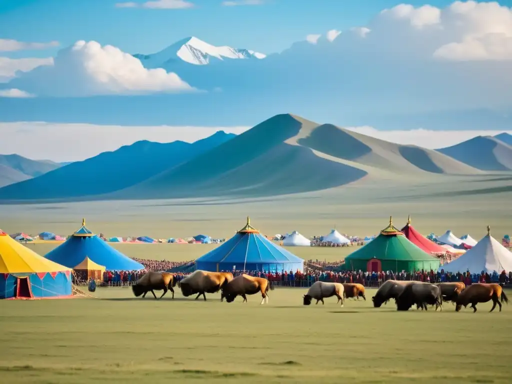 Competición de lucha en el Festival Naadam estepa siberiana, con paisaje expansivo y colorido