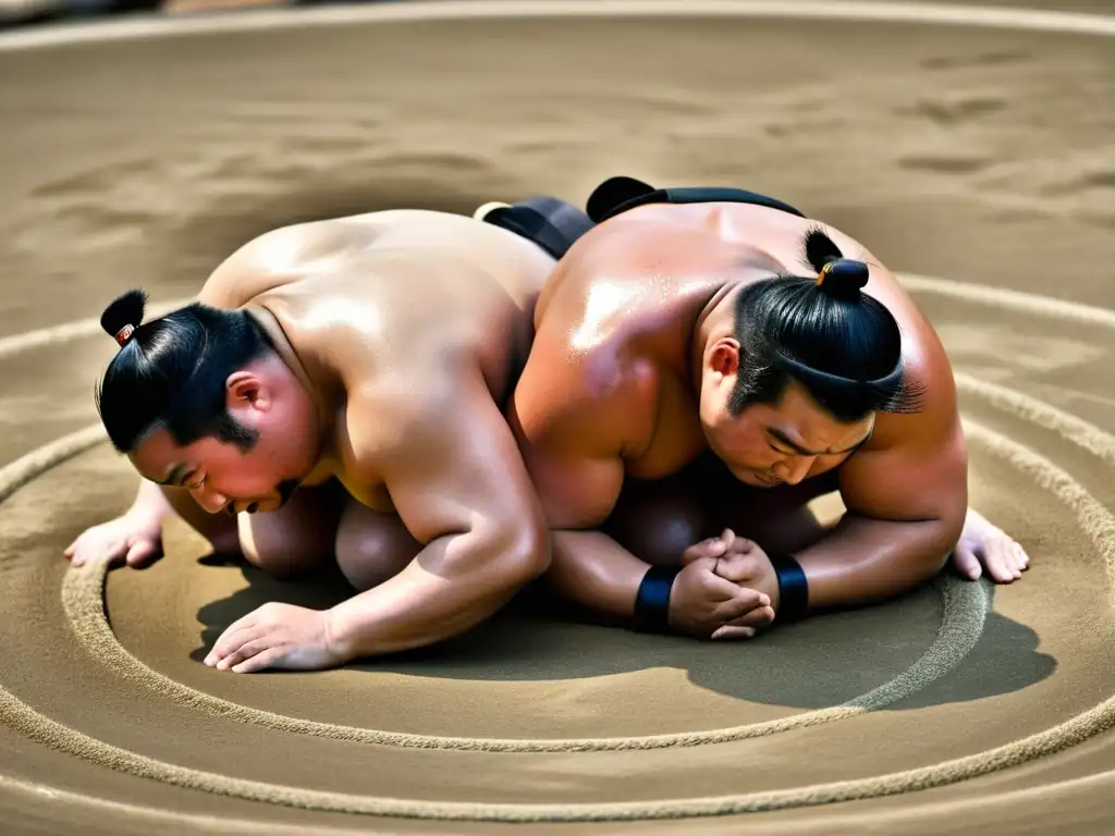 Dos luchadores de sumo en intensa lucha, con cuerpos brillantes de sudor y rostros llenos de determinación