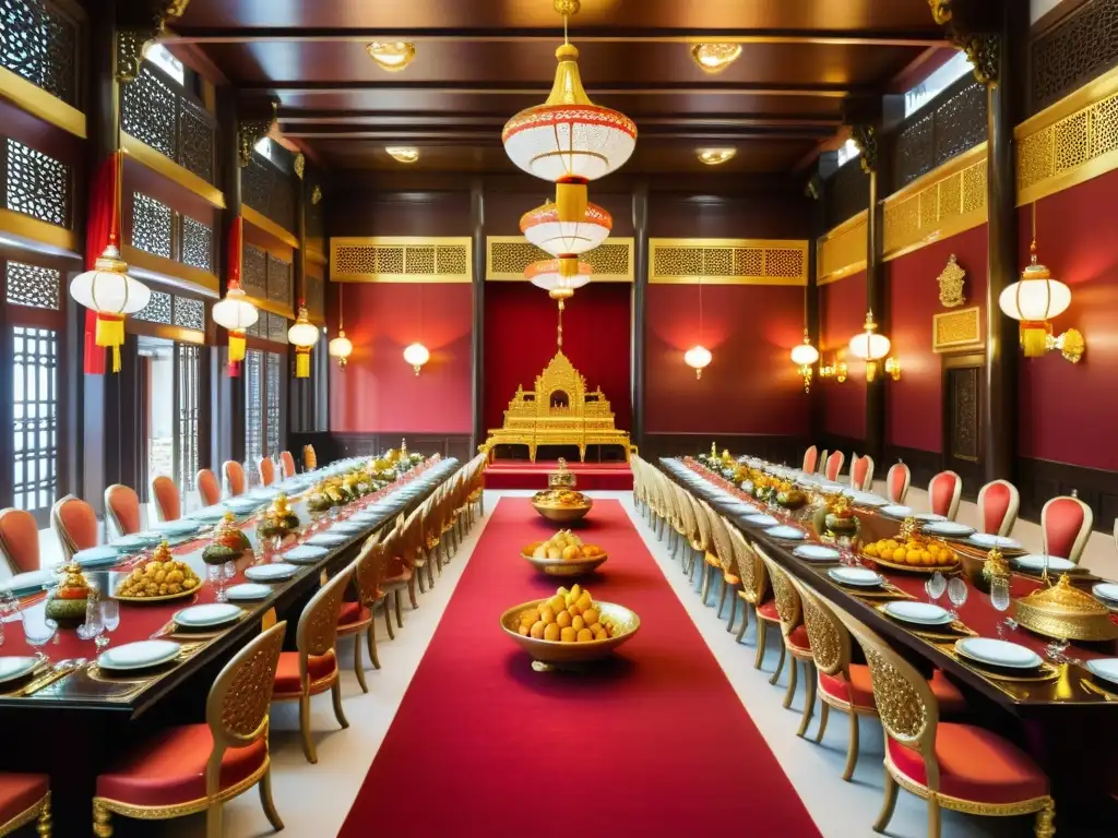 Una lujosa escena de banquete en un palacio asiático, destacando la opulenta decoración dorada y roja, exquisitos platos y una atmósfera regia