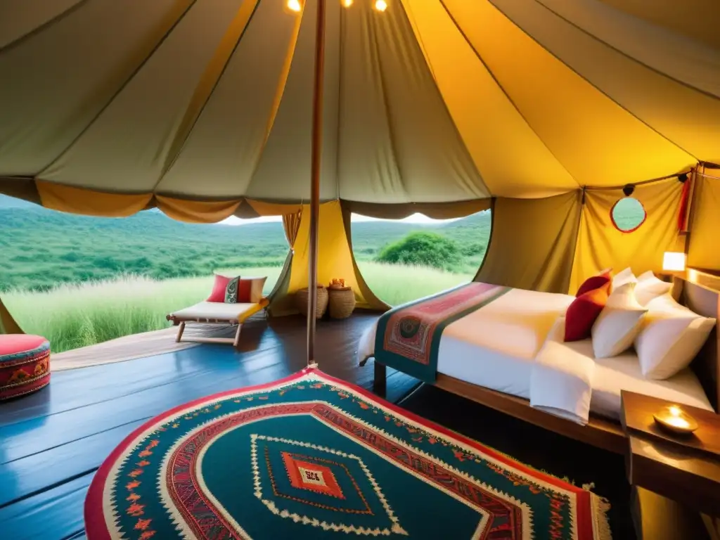 Un lujoso glamping cultural con tiendas de campaña, inmerso en un paisaje exuberante y cultural, donde la opulencia se fusiona con la autenticidad