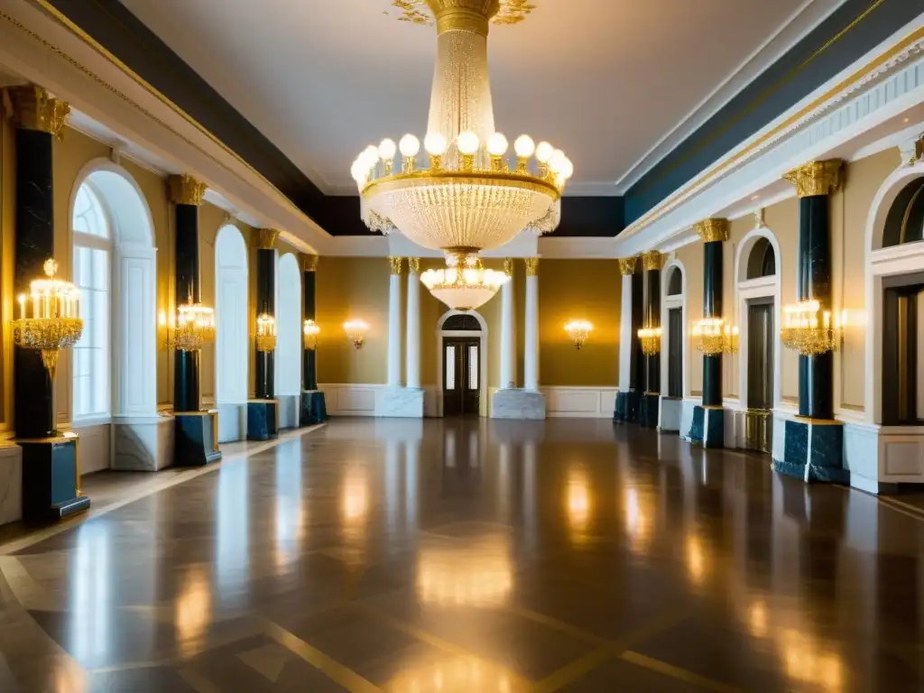 Un lujoso salón de baile en un palacio neoclásico ruso, lleno de aristócratas elegantemente vestidos y sirvientes con bandejas de champán