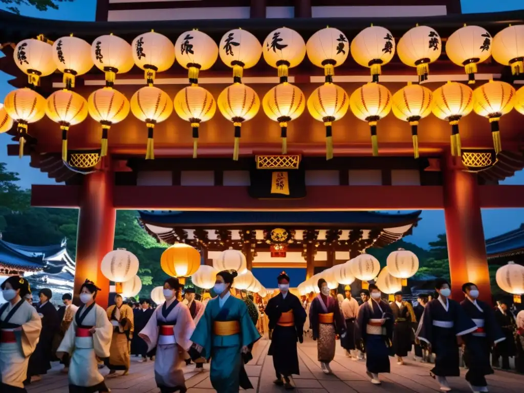 Procesión luminosa Oeshiki Nichiren: Participantes con linternas y vestimenta tradicional japonesa en la noche, junto a un templo iluminado