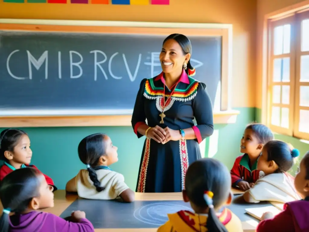 Maestra indígena enseña cultura a través de la educación bilingüe en aula vibrante y colorida