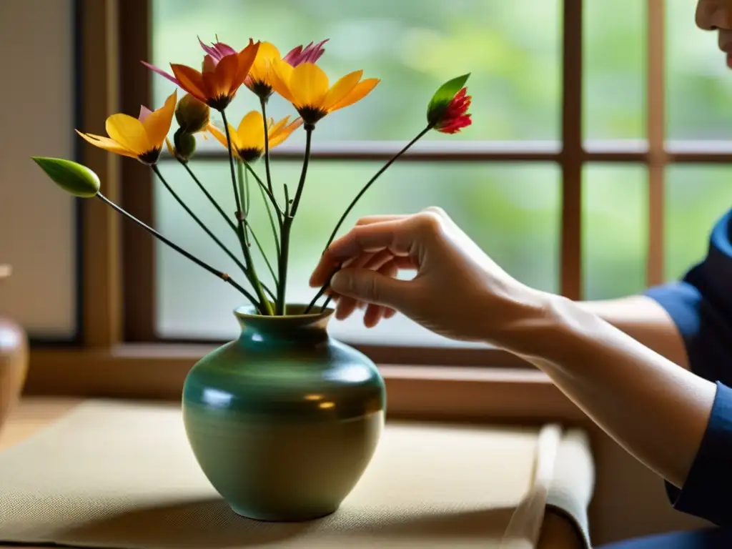 Un maestro del arte floral japonés tradición innovadora arregla con maestría flores y ramas en un jarrón tradicional