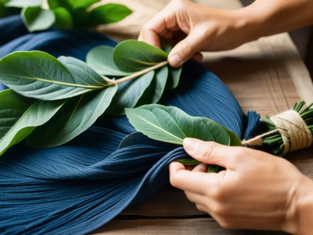 Un maestro de arte teñido natural atando con cuidado hojas de índigo en un entorno auténtico y experto