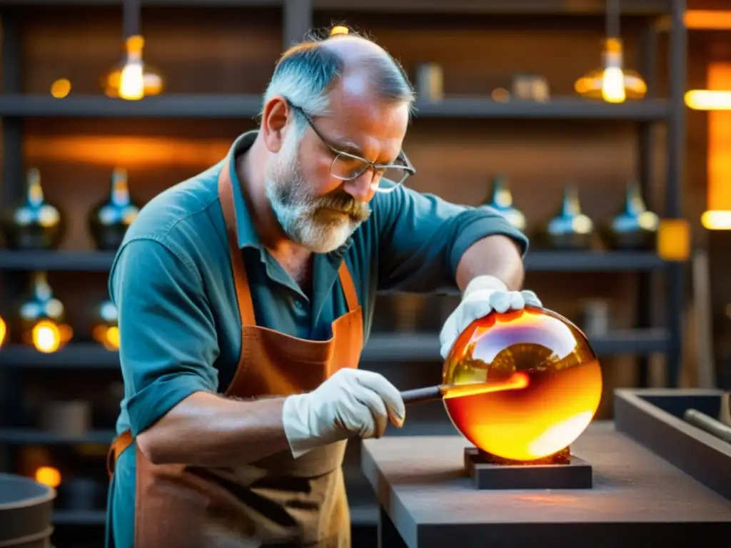 Un maestro del arte del vidrio soplado artesanal moldea con destreza el cristal fundido, rodeado de un cálido resplandor dorado