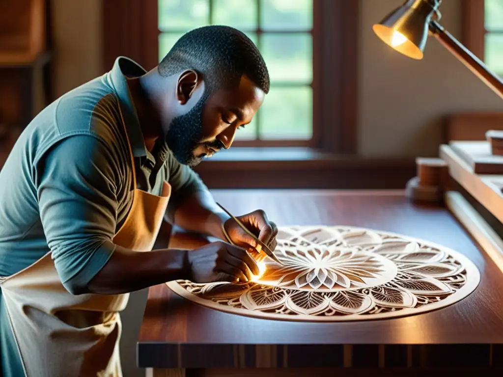 Maestro artesano tallando con dedicación patrones intrincados en una mesa de caoba