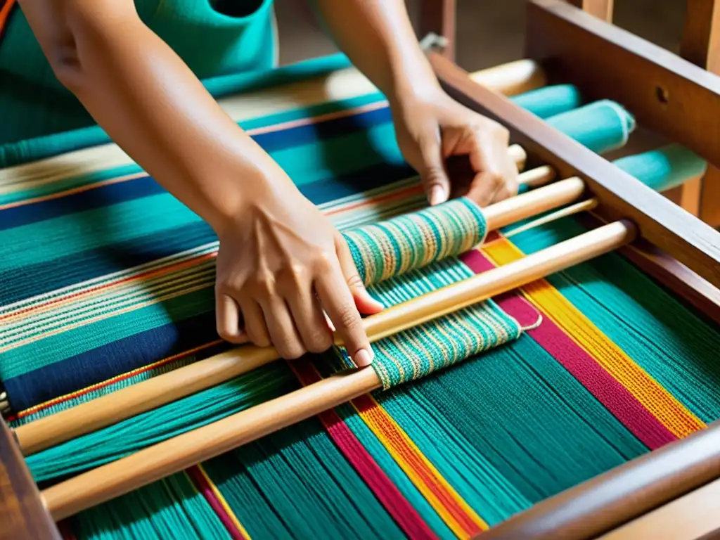 Un maestro artesano teje con esmero textiles coloridos en un telar de madera, destacando la moda étnica artesanal global