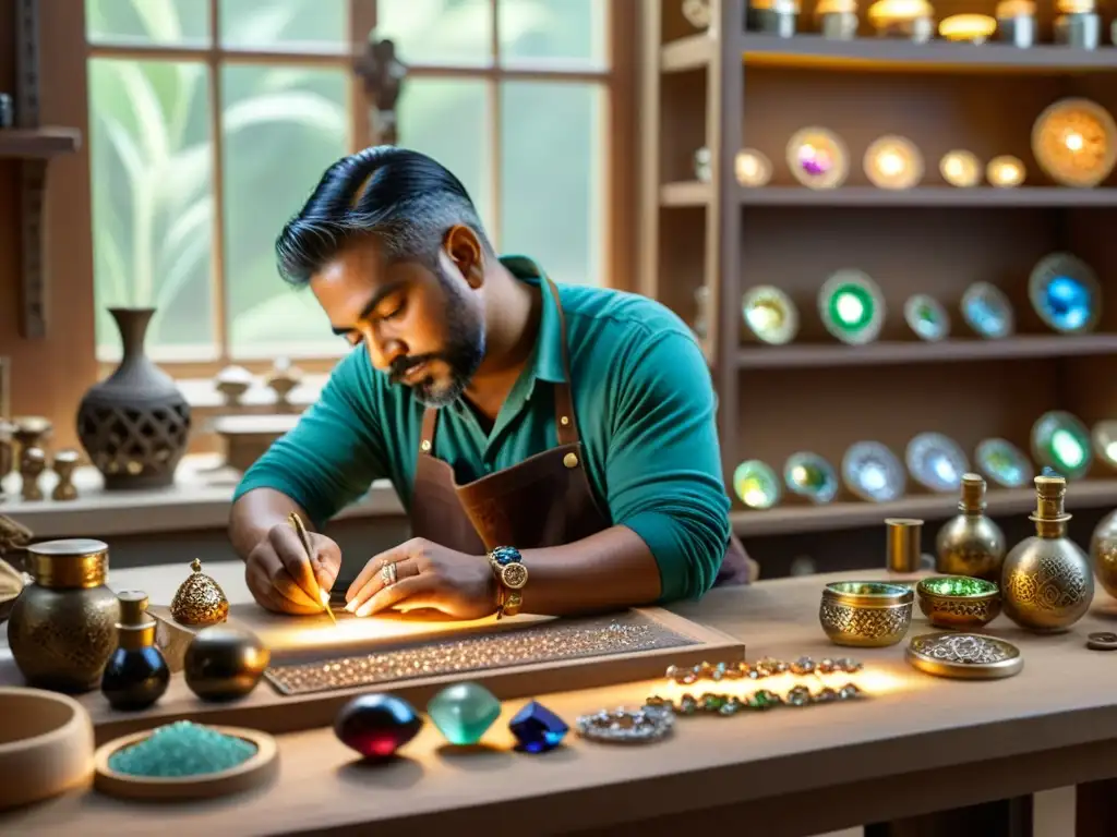 Un maestro artesano elabora joyería fina en un taller iluminado por luz natural