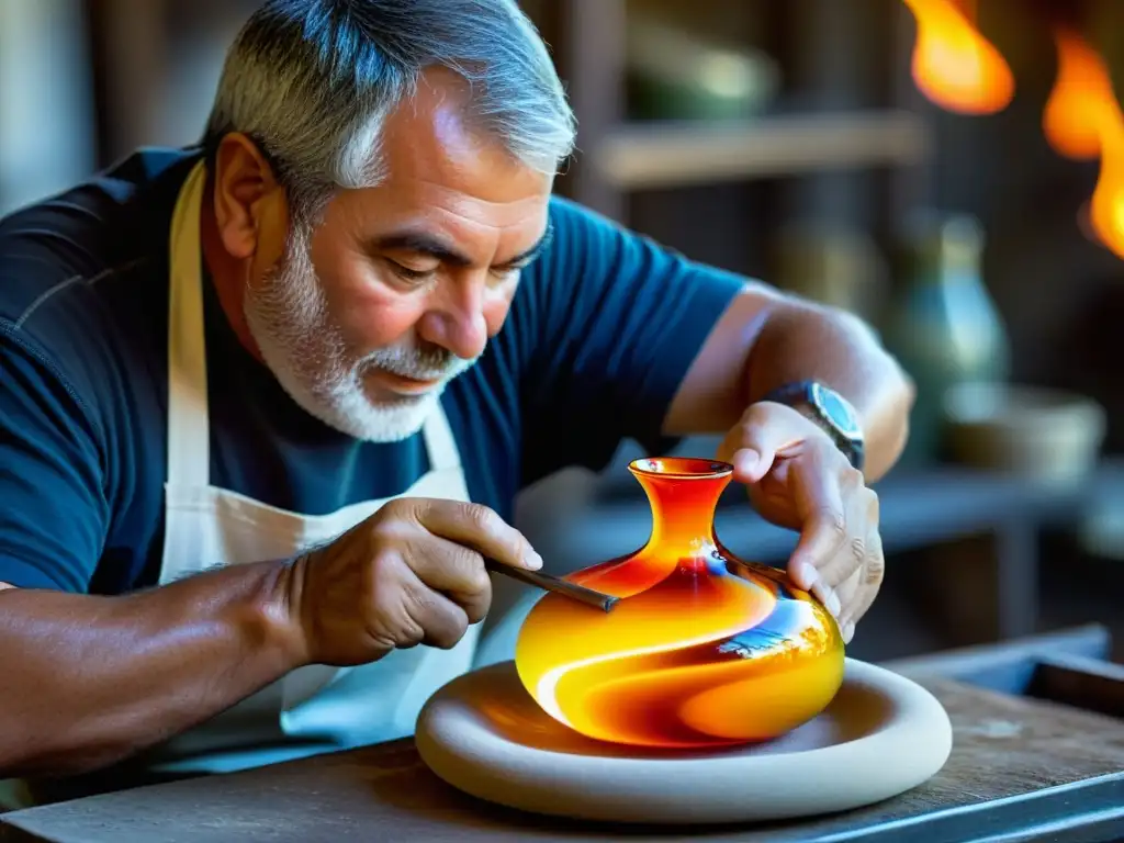 Un maestro artesano en Murano, Italia, moldeando con maestría vidrio fundido para crear una exquisita y vibrante obra de arte