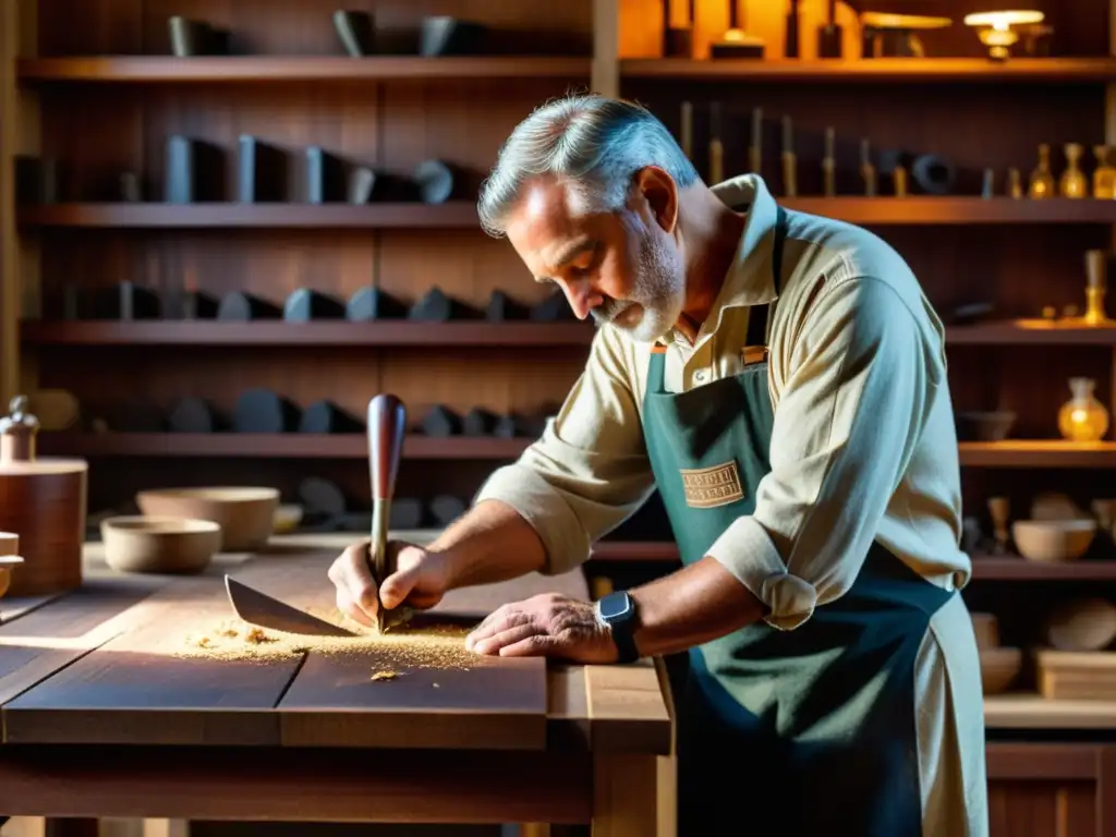 Un maestro artesano talla con cuidado diseños intrincados en una mesa de caoba oscura, rodeado de herramientas antiguas y virutas de madera