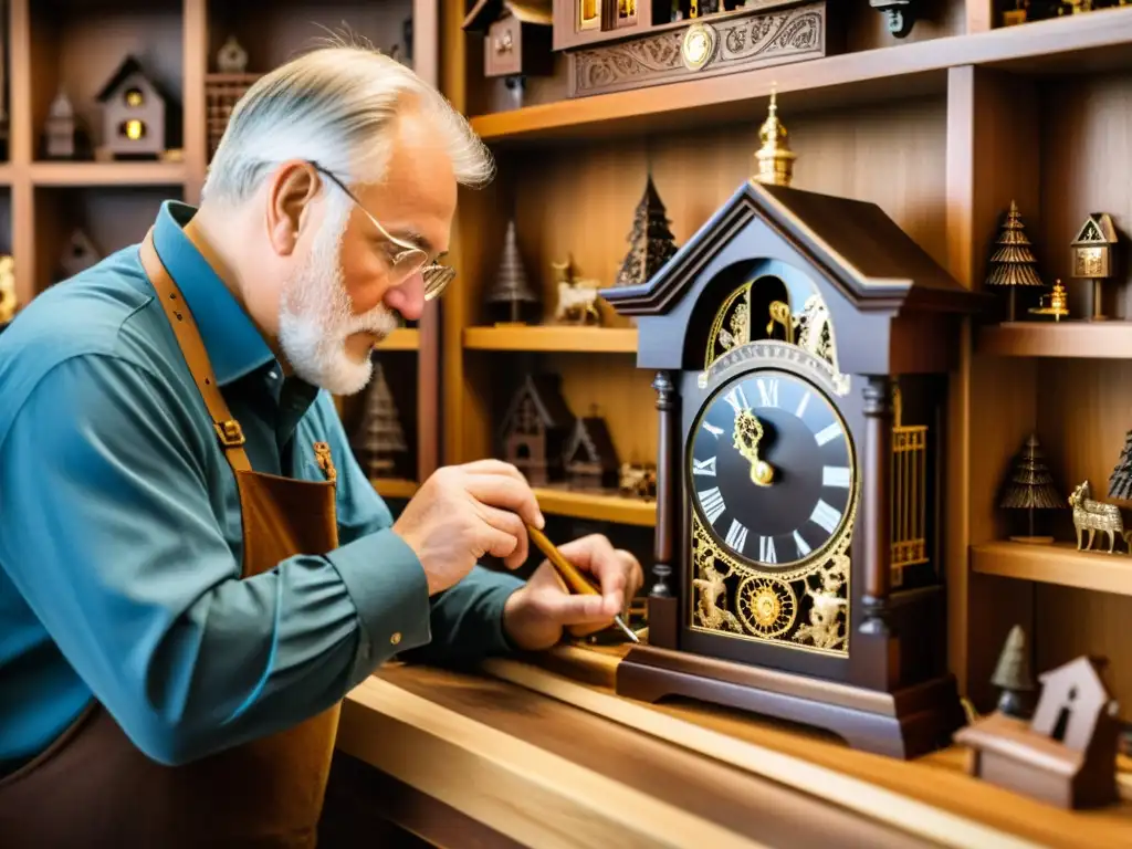 Un maestro artesano talla con precisión diseños en madera, rodeado de relojes cucú alemanes en distintas etapas de elaboración