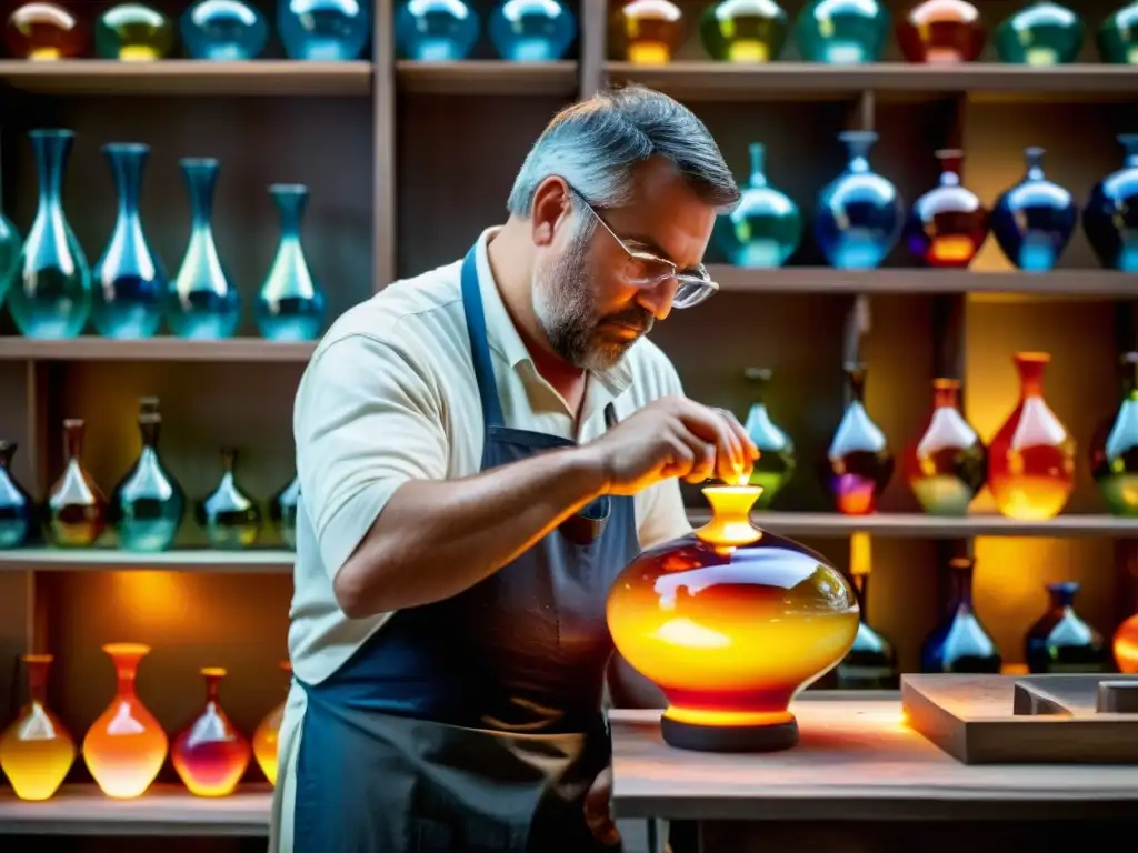 Un maestro artesano en un taller de soplado de vidrio en Murano, moldeando con concentración mientras la fragua ilumina su expresión