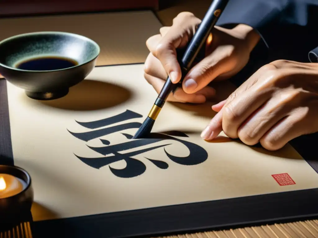 Un maestro de caligrafía japonés crea con maestría un complejo kanji, resaltando la influencia cultural de los kanji en Japón