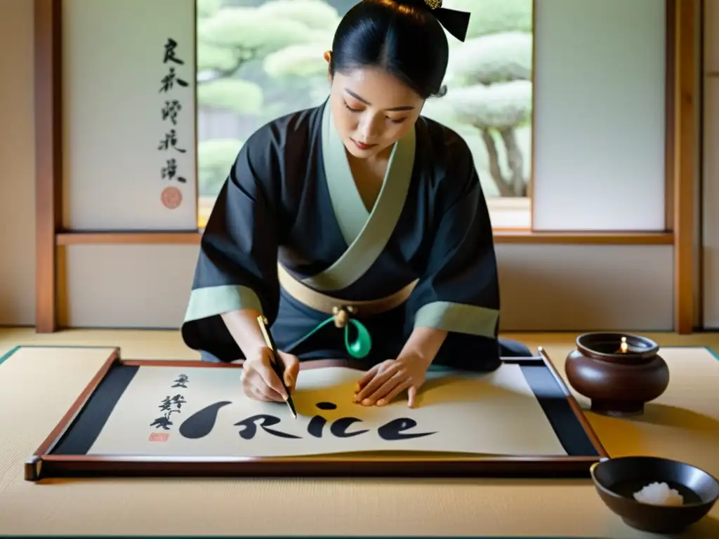 Un maestro de caligrafía japonesa escribe kanji en un entorno sereno, resaltando la influencia cultural de los kanji en Japón