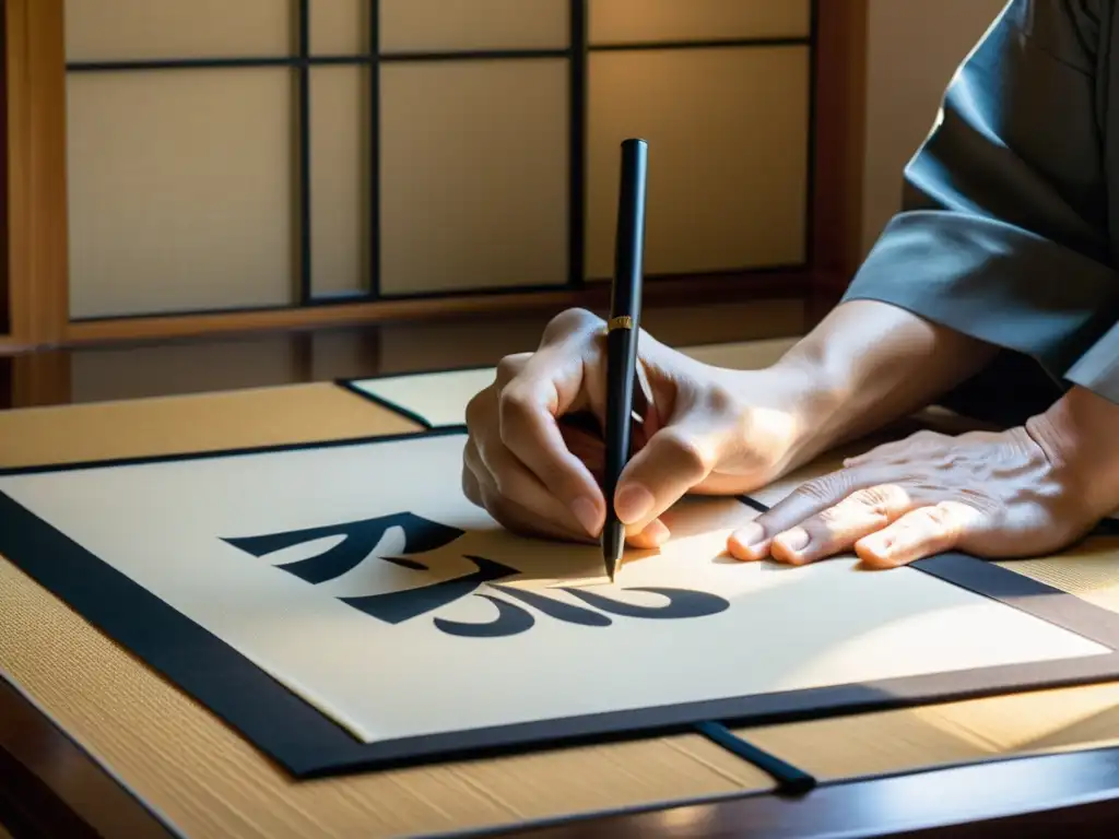 Un maestro de caligrafía japonesa crea un proverbio en papel washi, iluminado por la suave luz natural de una habitación tatami