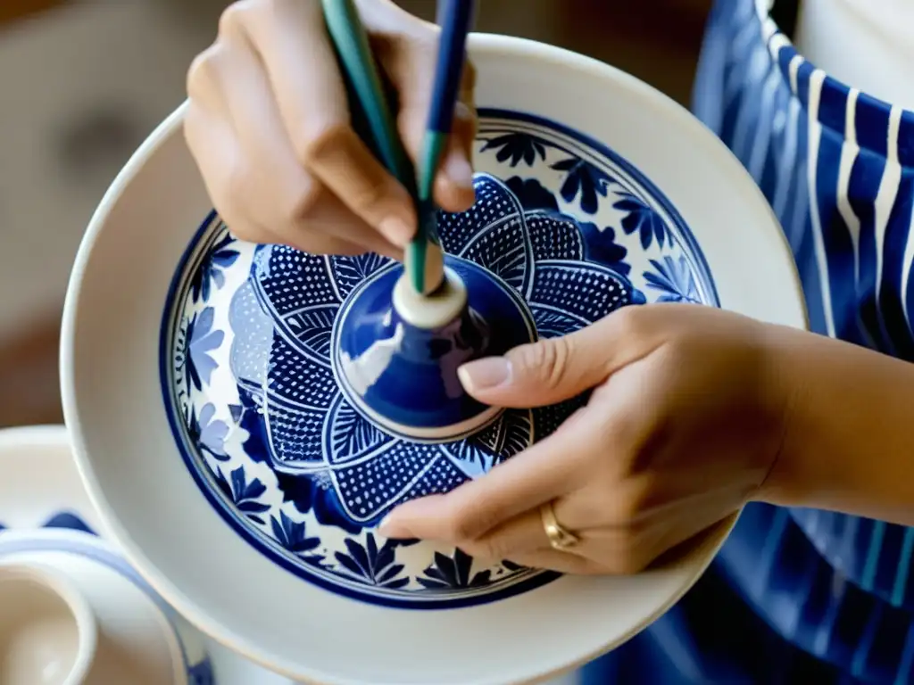 Un maestro ceramista pinta con precisión y destreza un patrón azul y blanco en la cerámica de Talavera