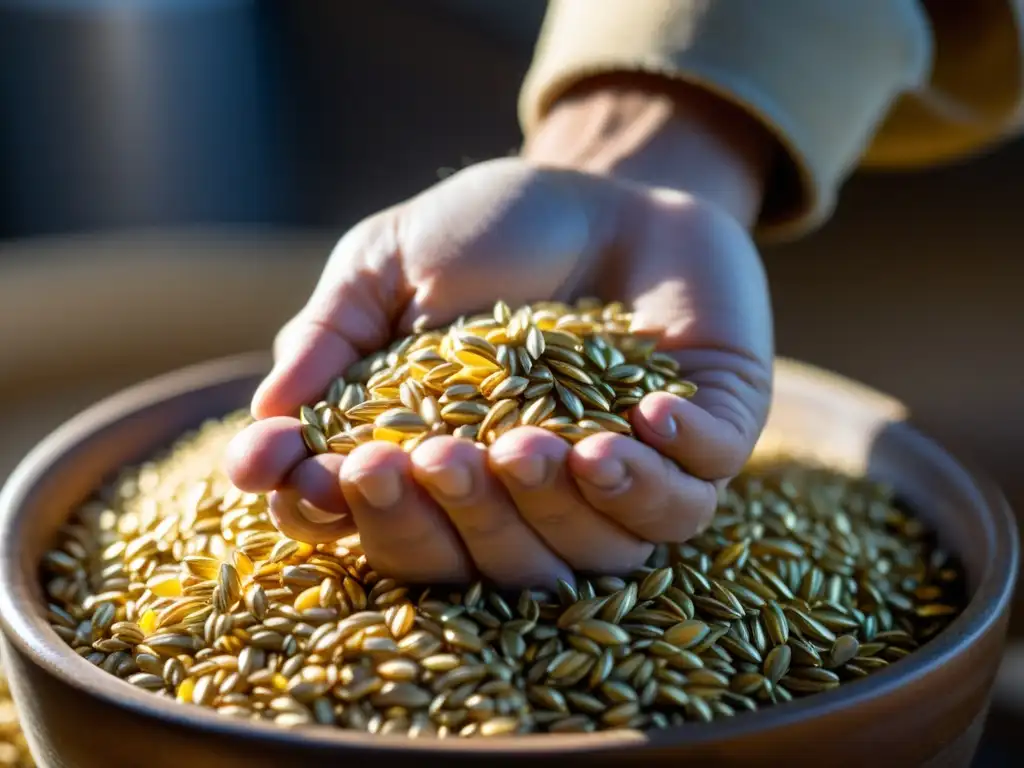 Un maestro cervecero examina detenidamente granos de cebada dorada, resaltando su belleza natural y cuidado en la selección de ingredientes para elaborar cervezas de identidad cultural y tradiciones festivales