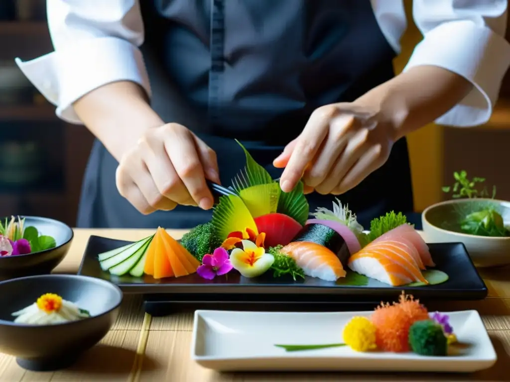 Un maestro chef japonés crea un exquisito menú Kaiseki en un plato de cerámica, destacando la elegancia y la destreza culinaria