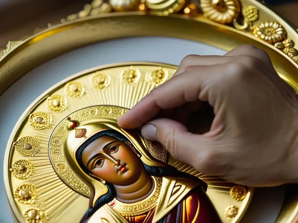 Un maestro iconógrafo aplica con delicadeza pan de oro a un icono religioso, mostrando la reverencia y destreza en la iconografía religiosa de los ortodoxos