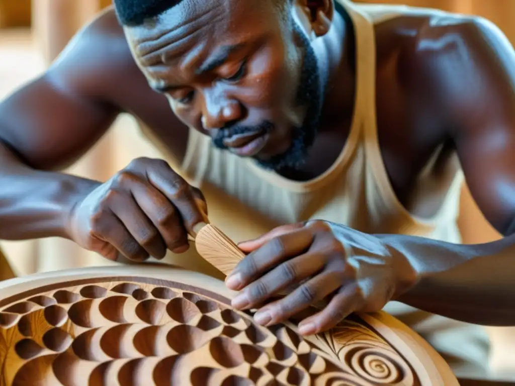 Maestro escultor de madera de Camerún tallando con destreza una escultura ancestral, rodeado de arte y tradición en su taller iluminado cálidamente