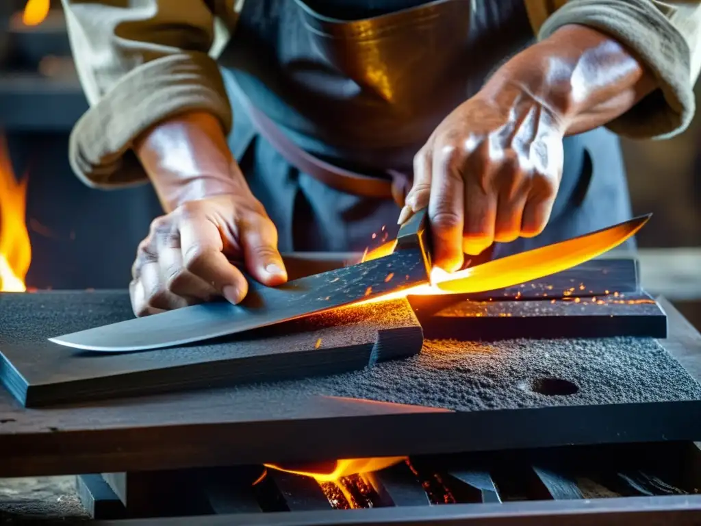 Un maestro espadero japonés forjando con precisión una espada samurái, inmerso en la antigua tradición del arte de forjar espadas samurái